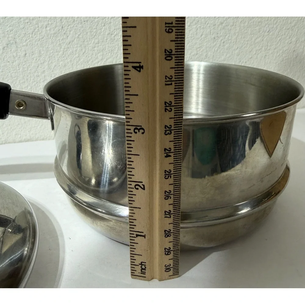 Vintage Stainless Steel Steamer Insert Pot with Lid Black Handle 6.25